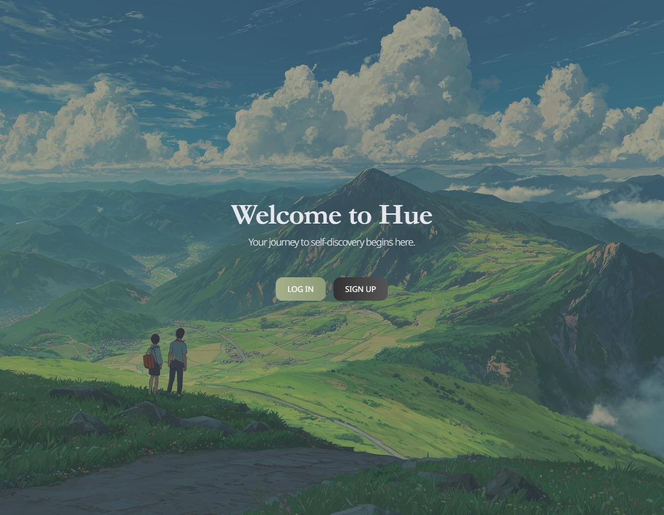 The original landing page: Welcome to Hue, your journey to self-discovery begins here, over an illustrated mountain valley