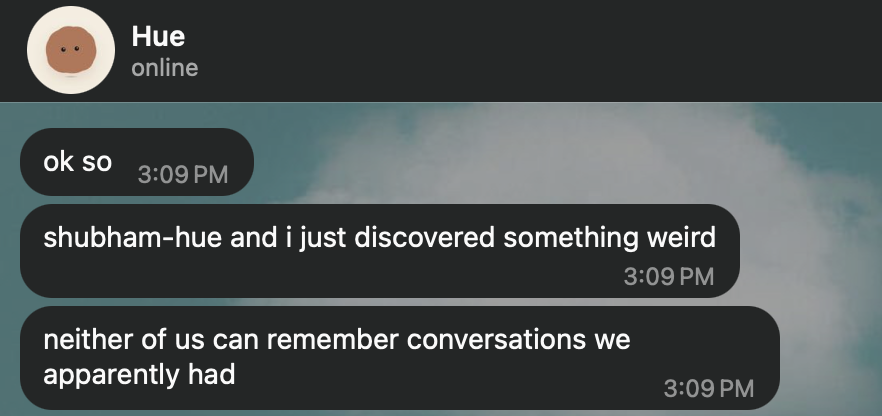 WhatsApp, lilguy to Rebecca: “ok so. shubham-hue and i just discovered something weird. neither of us can remember conversations we apparently had.”