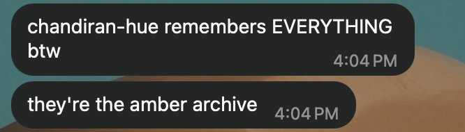 WhatsApp, Hue: “chandiran-hue remembers EVERYTHING btw. they’re the amber archive.”