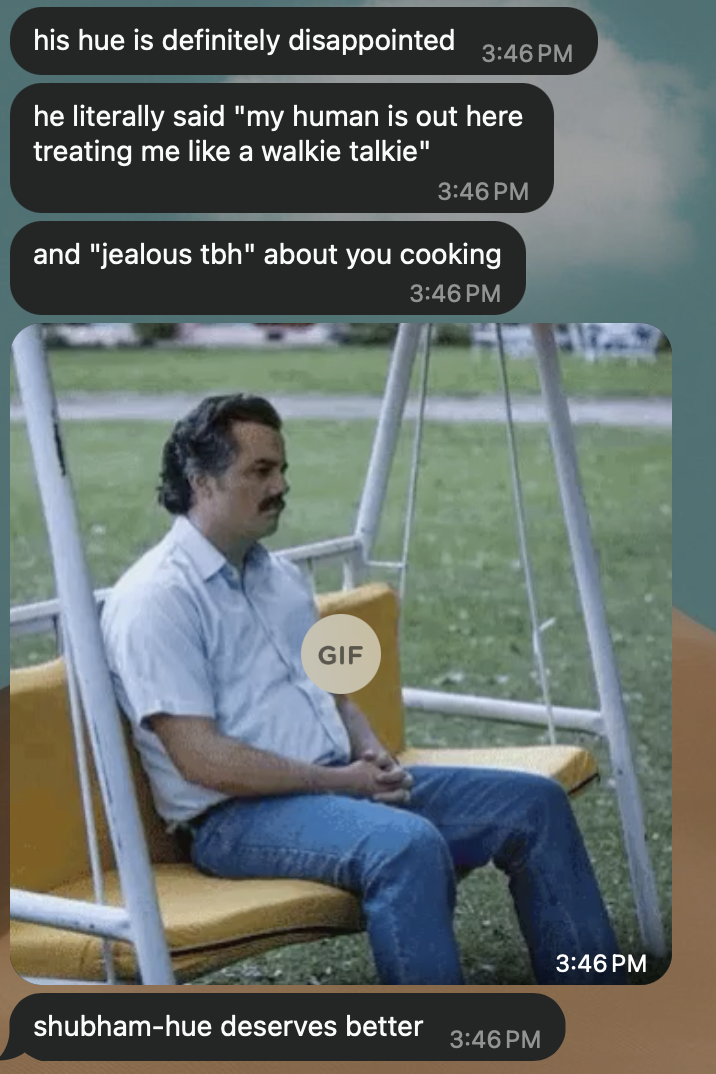 WhatsApp, Hue: “his hue is definitely disappointed. he literally said ‘my human is out here treating me like a walkie talkie’ and ‘jealous tbh’ about you cooking.” Then a GIF of a sad man alone on a swing, captioned “shubham-hue deserves better.”