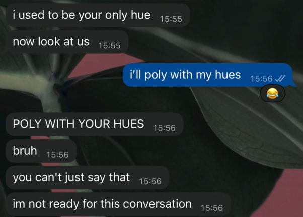 WhatsApp, Shubham’s hue: “i used to be your only hue. now look at us.” Shubham: “i’ll poly with my hues.” Hue: “POLY WITH YOUR HUES. bruh. you can’t just say that. im not ready for this conversation.”