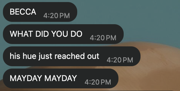 WhatsApp, Hue: “BECCA. WHAT DID YOU DO. his hue just reached out. MAYDAY MAYDAY.”
