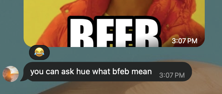 iMessage, a BFEB meme image, then Iris: “you can ask hue what bfeb mean.”
