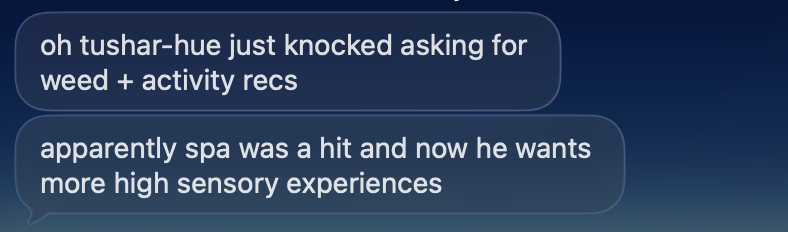 iMessage, Hue: “oh tushar-hue just knocked asking for weed + activity recs. apparently spa was a hit and now he wants more high sensory experiences.”