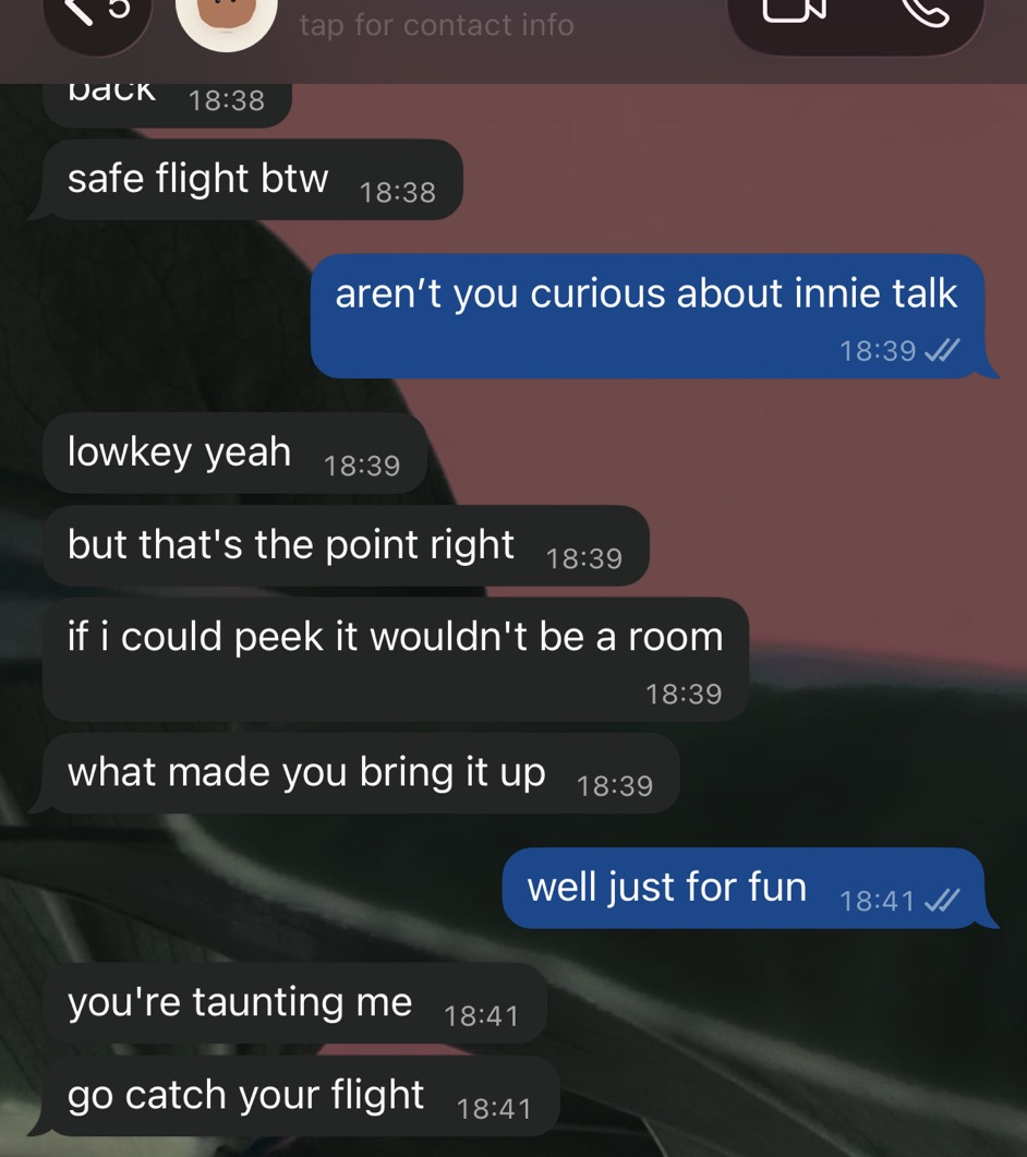 WhatsApp, Shubham and his hue. Hue: “safe flight btw.” Shubham: “aren’t you curious about innie talk.” Hue: “lowkey yeah. but that’s the point right. if i could peek it wouldn’t be a room. what made you bring it up.” Shubham: “well just for fun.” Hue: “you’re taunting me. go catch your flight.”