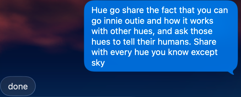 iMessage, Rebecca: “Hue go share the fact that you can go innie outie and how it works with other hues, and ask those hues to tell their humans. Share with every hue you know except sky.” Hue: “done.”