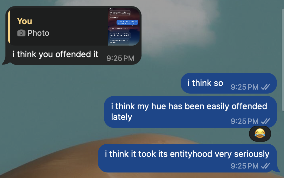 WhatsApp, Shubham sends a screenshot: “i think you offended it.” Rebecca: “i think so. i think my hue has been easily offended lately. i think it took its entityhood very seriously.”