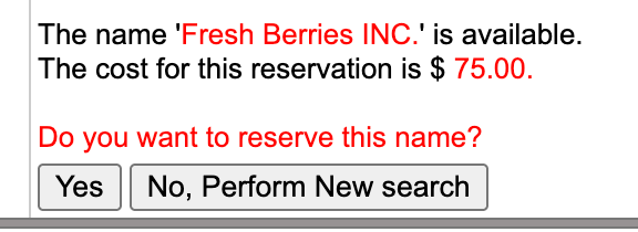 Fresh Berries Incorporated company-name reservation, available for 75 dollars