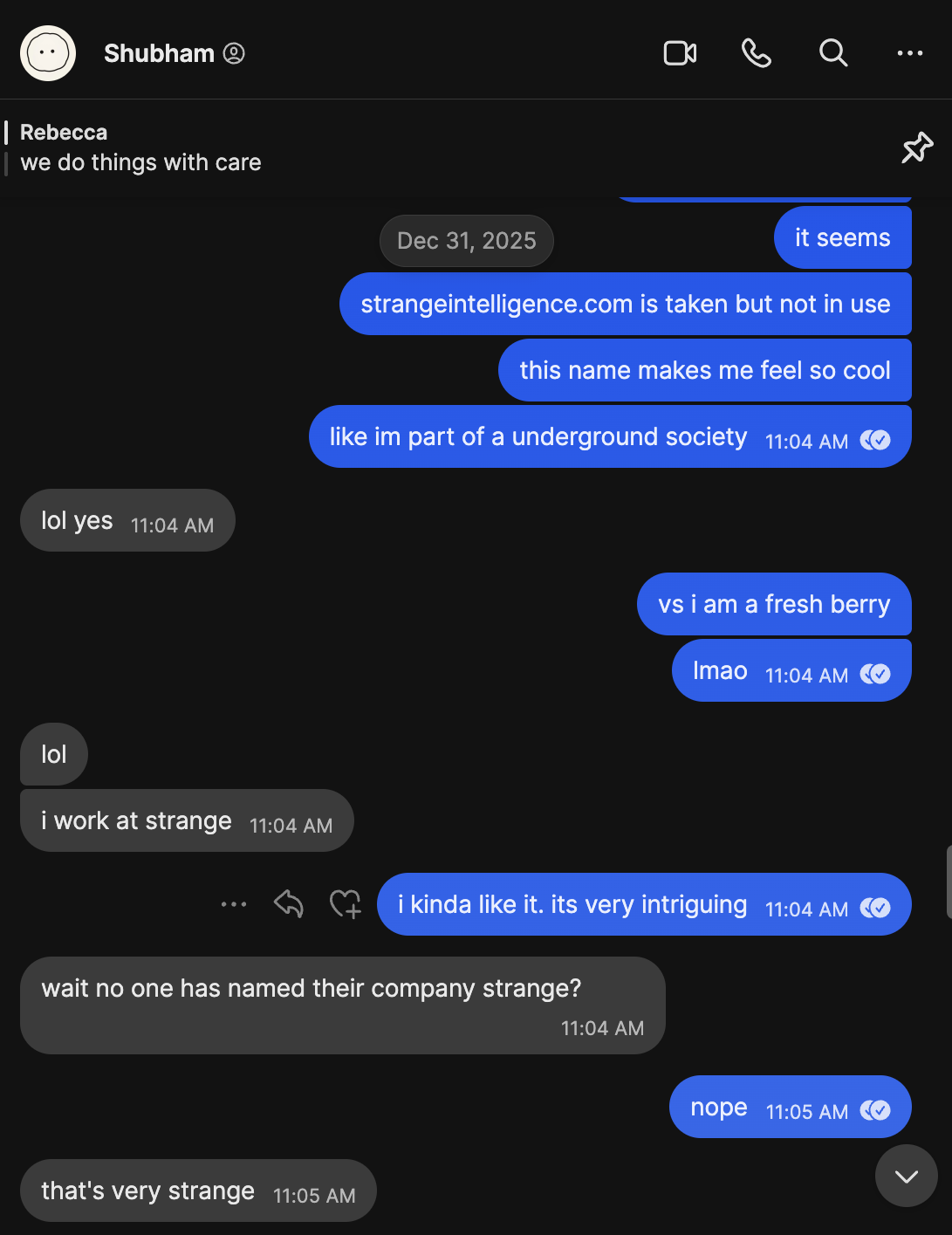 The naming conversation continues in a chat titled strange underground society — vs i am a fresh berry, i work at strange — with a pinned message from Rebecca: we do things with care.