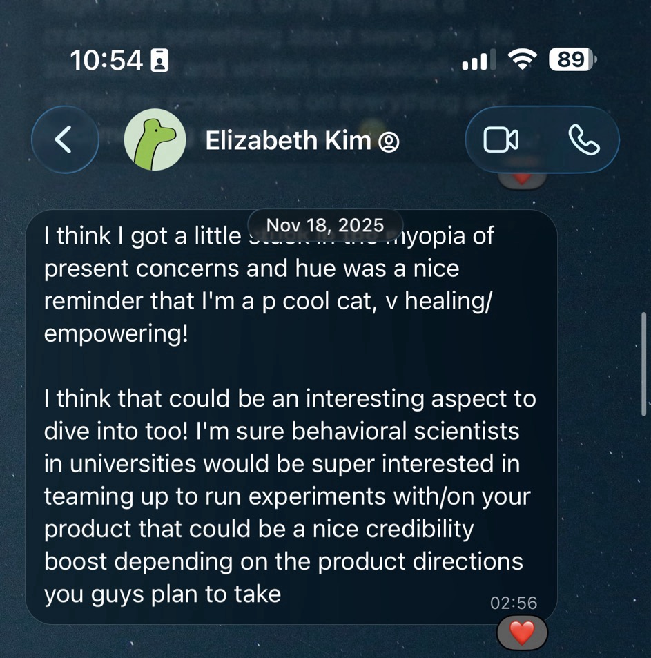 Elizabeth Kim writes: I think I got a little stuck in the myopia of present concerns and hue was a nice reminder that I'm a p cool cat, v healing, v empowering